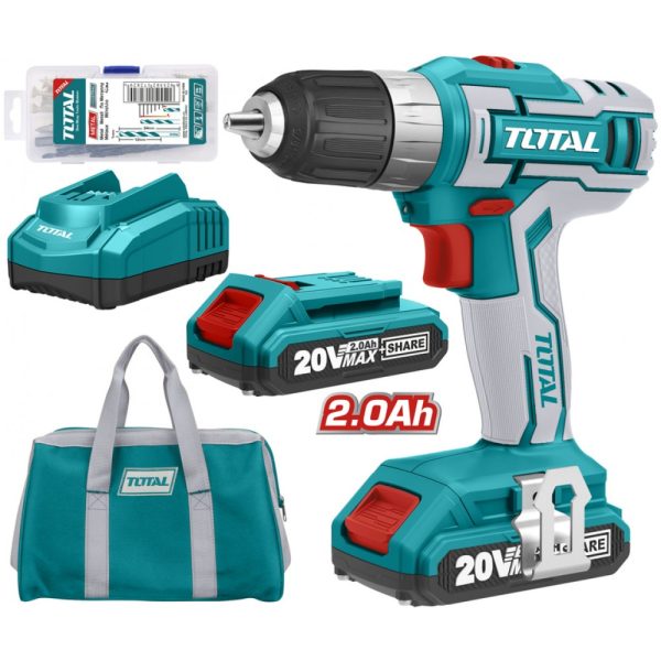 Taladro atornillador inalámbrico 20 V, 2 baterías y 47 accesorios TOTAL